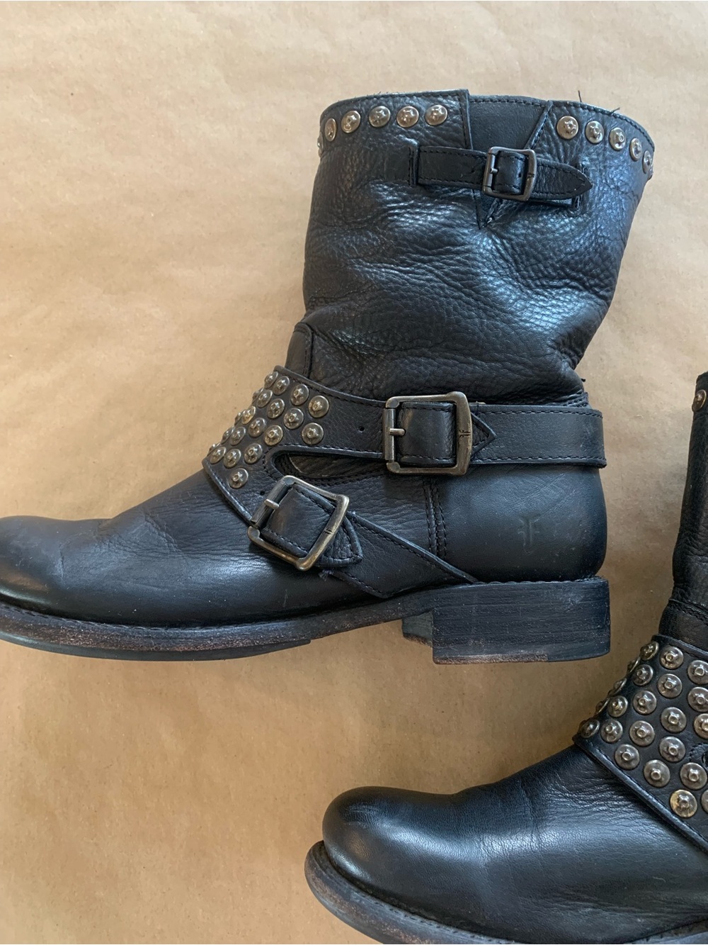 Frye Black Leather Buckle Studded Moto Boots Size 9.5 - Picture 6 of 15